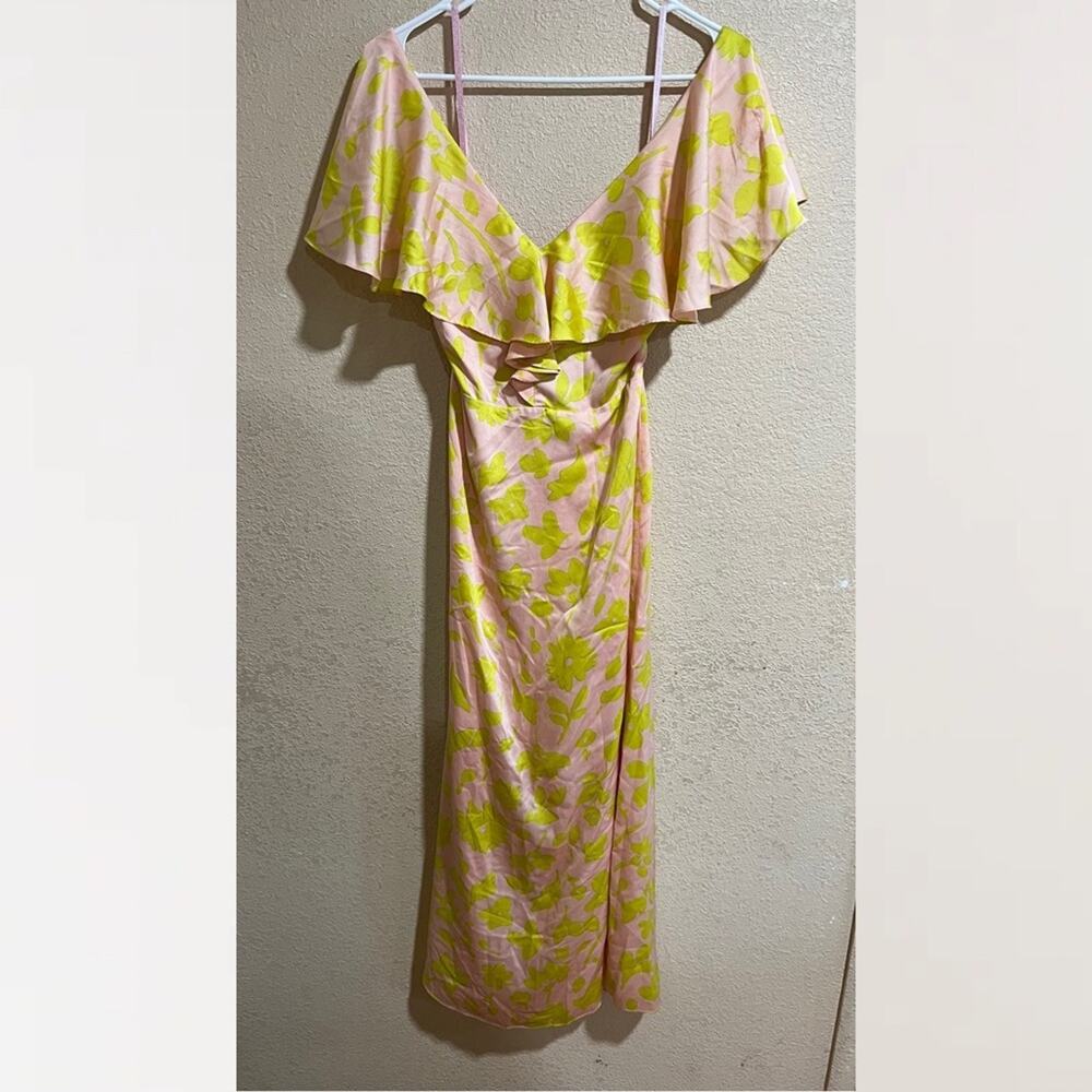 Kate Spade New York Yellow Pink Floral Splash Ruffle Satin Maxi Dress 6